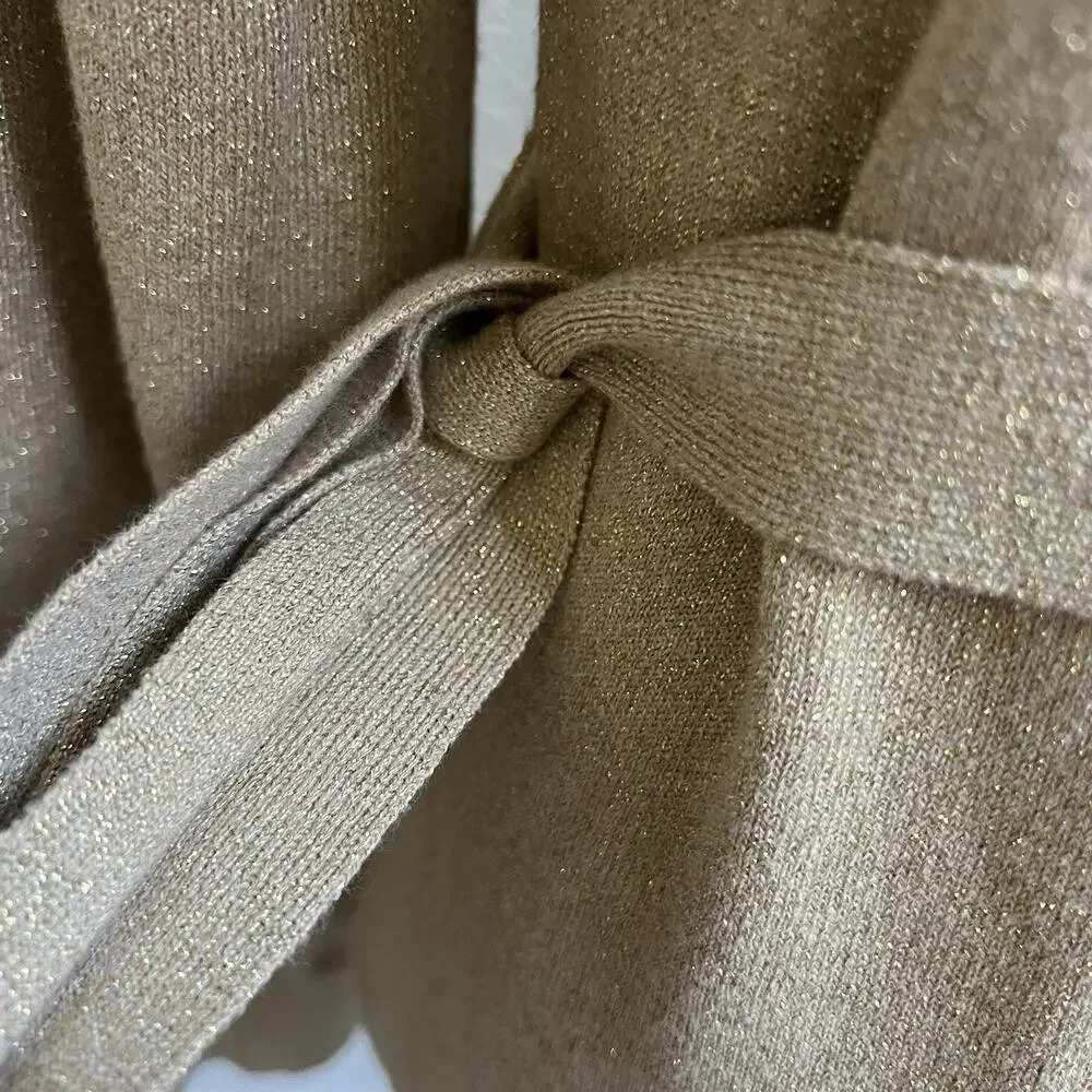 Victor Costa Vtg Cowl Neck Sweater Sz L Metallic Gold Tie Waist Knit Top L/S - Picture 3 of 7